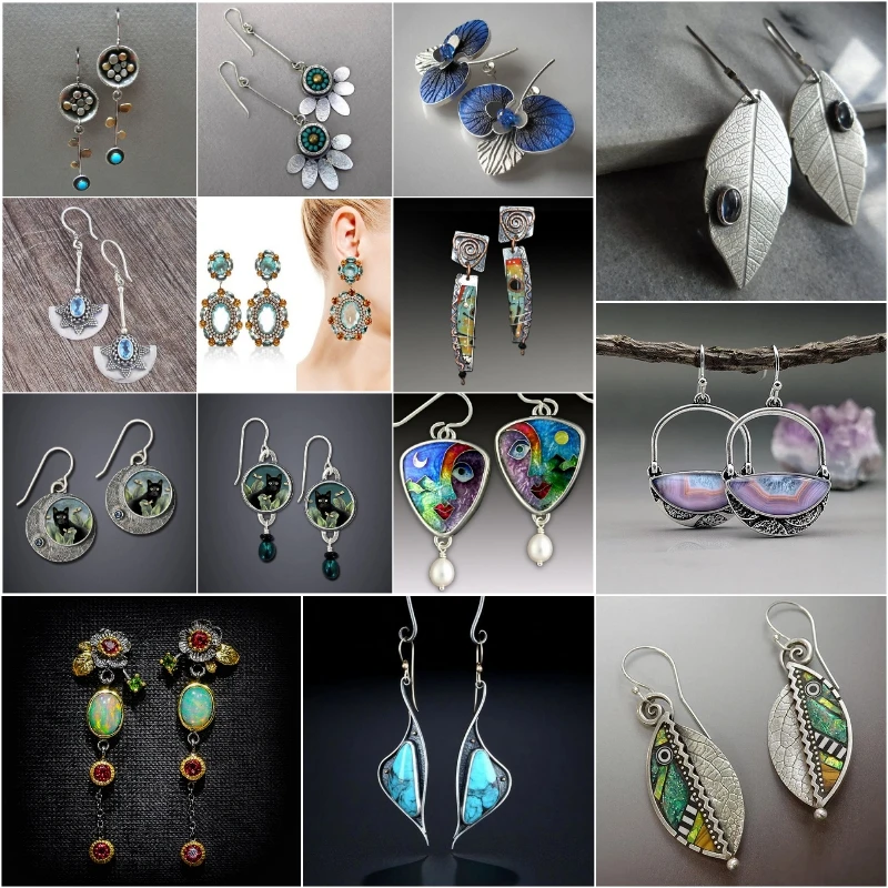 

Bohemian Painted Leaf Flower Blue Earrings for Women Tribal Jewelry Handmade Vintage Crystal Dangle Earring Pendientes