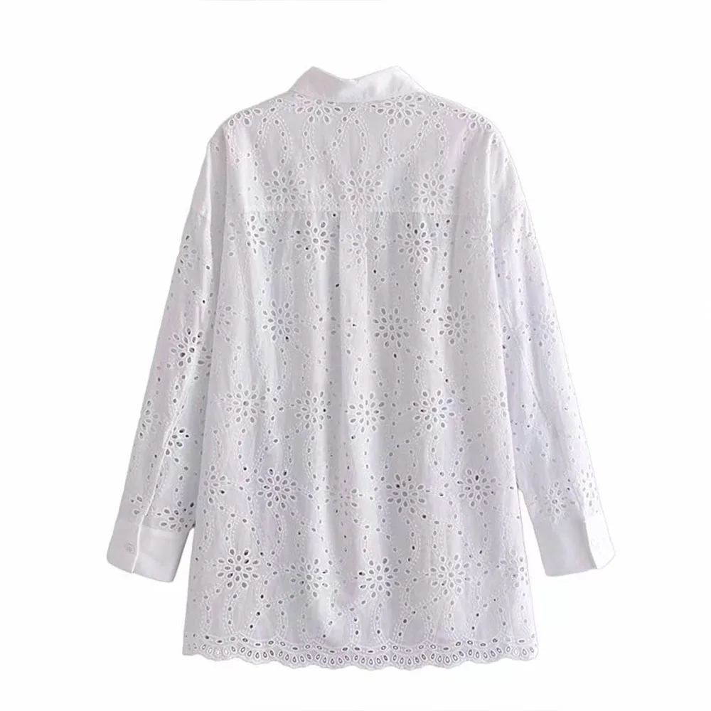 

Za Women 2021 Sweet Fashion Embroidery Hollow Out Loose Long section Blouses Vintage Long Sleeve pocket Female Shirts Chic Tops