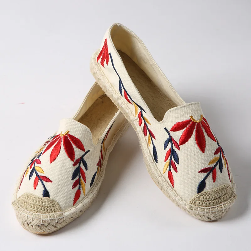 Women Handmade Slip On Shoes Khaki Floral Embroid Loafers Linen  Espadrilles Comfortable Casual Exercise Zpatillas Mujer Sapatos
