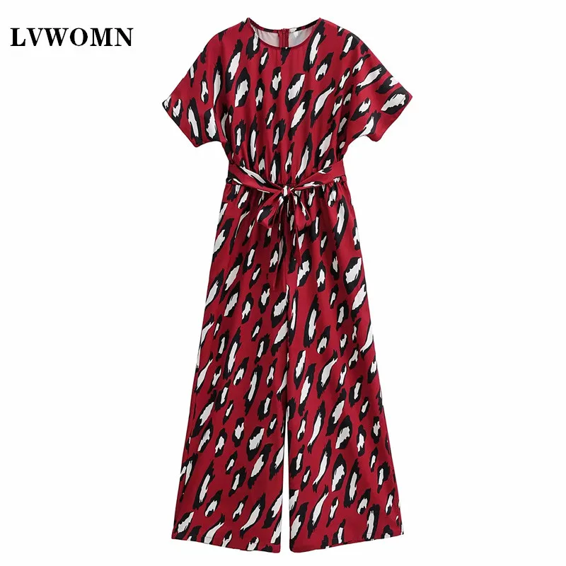 

LVWOMN Jumpsuit Women Za Summer Loose Print Short -Sleeve Top Woman Elegant With Belt Clothing For Women Casual Long Jumpsuit
