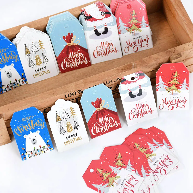 

100pcs Merry Christmas Gift Tags Hang Labels 2021 Christmas Gift Wrapping Paper Tag Santa Claus Snowman Cards XMAS DIY Supplies