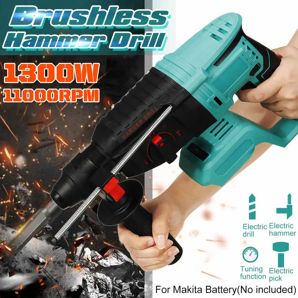 11000rpm 1300W Brushless Cordless Impact Drill Rotary Hammer Rechargeable 3 Function Electric Hammer Drill For Makita Battery