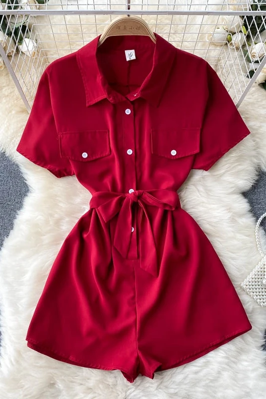

2021 Hot Rompers for Summer Women Short Sleeve Belted Playsuit Harajuku Vintage Shorts Female Overalls Short Jumpsuit New