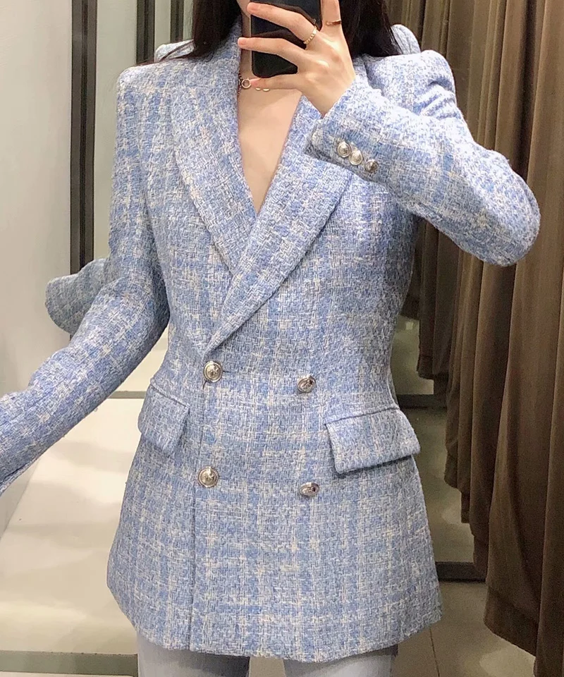 

2021 Women Suit Jacket Tweed Blazer Women Jacket Femme Plaszcz Wiosenny Damski Sobrecamisa Cuadros Plaid Checkered Blazer