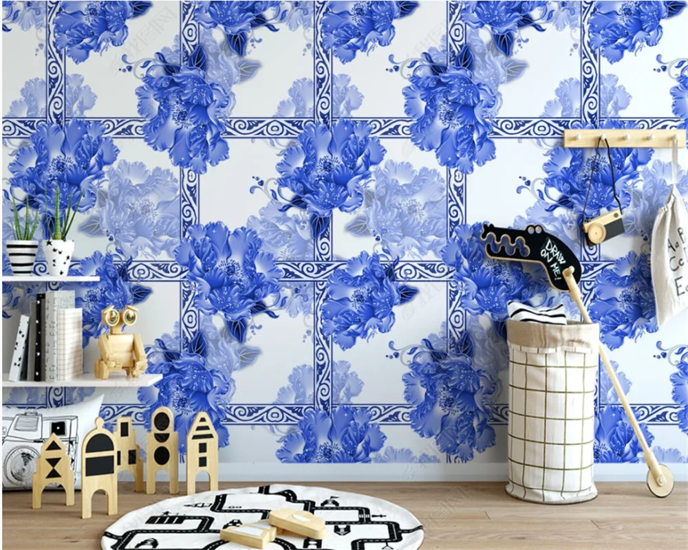

beibehang Custom modern new decorative painting geometric square blue flower wallpaper wall papers home decor papier peint