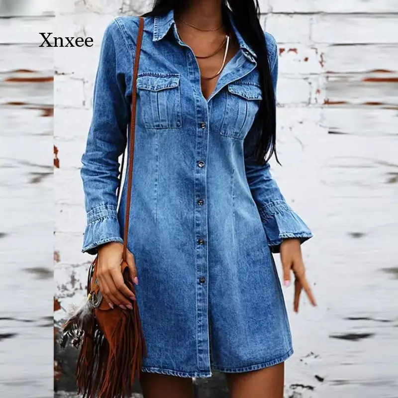 

Зимнее женское однотонное джинсовое платье с отложным воротником и длинными рукавами, свободная повседневная трапециевидная юбка в стиле ретро с карманами на пуговицах, уличная одежда