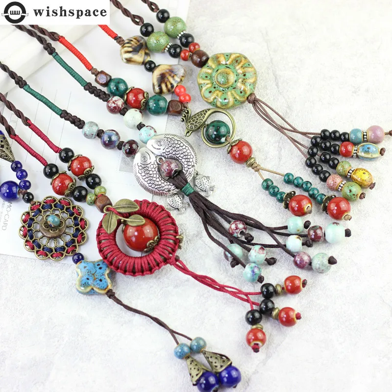 

Wishspace national wind restoring ancient ways hand-woven ceramic sweater chain necklace jewelry popular woman