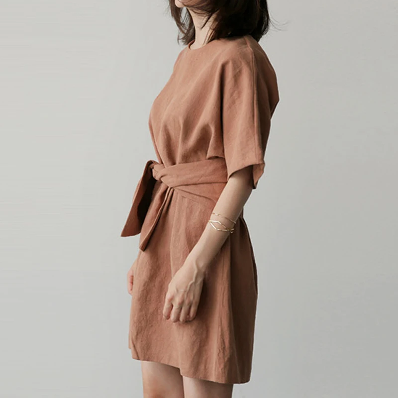 Женское хлопковое платье с круглым вырезом коротким рукавом | Женская одежда