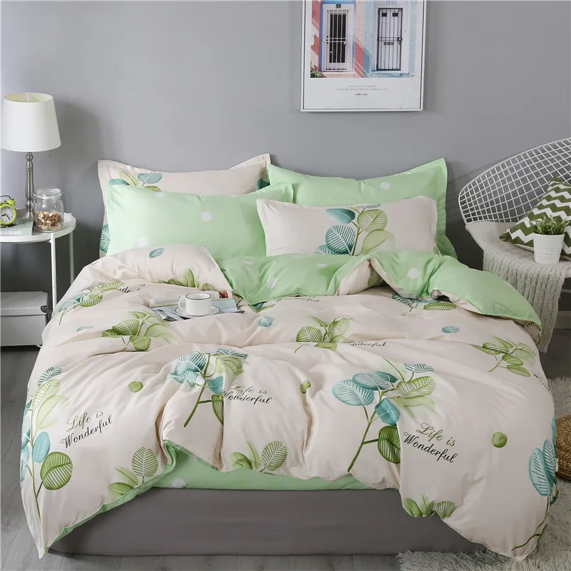

Постельное белье с зелеными листьями из промытого хлопка в скандинавском стиле, пододеяльник, чехол для подушки, простыня для спальни, мягк...