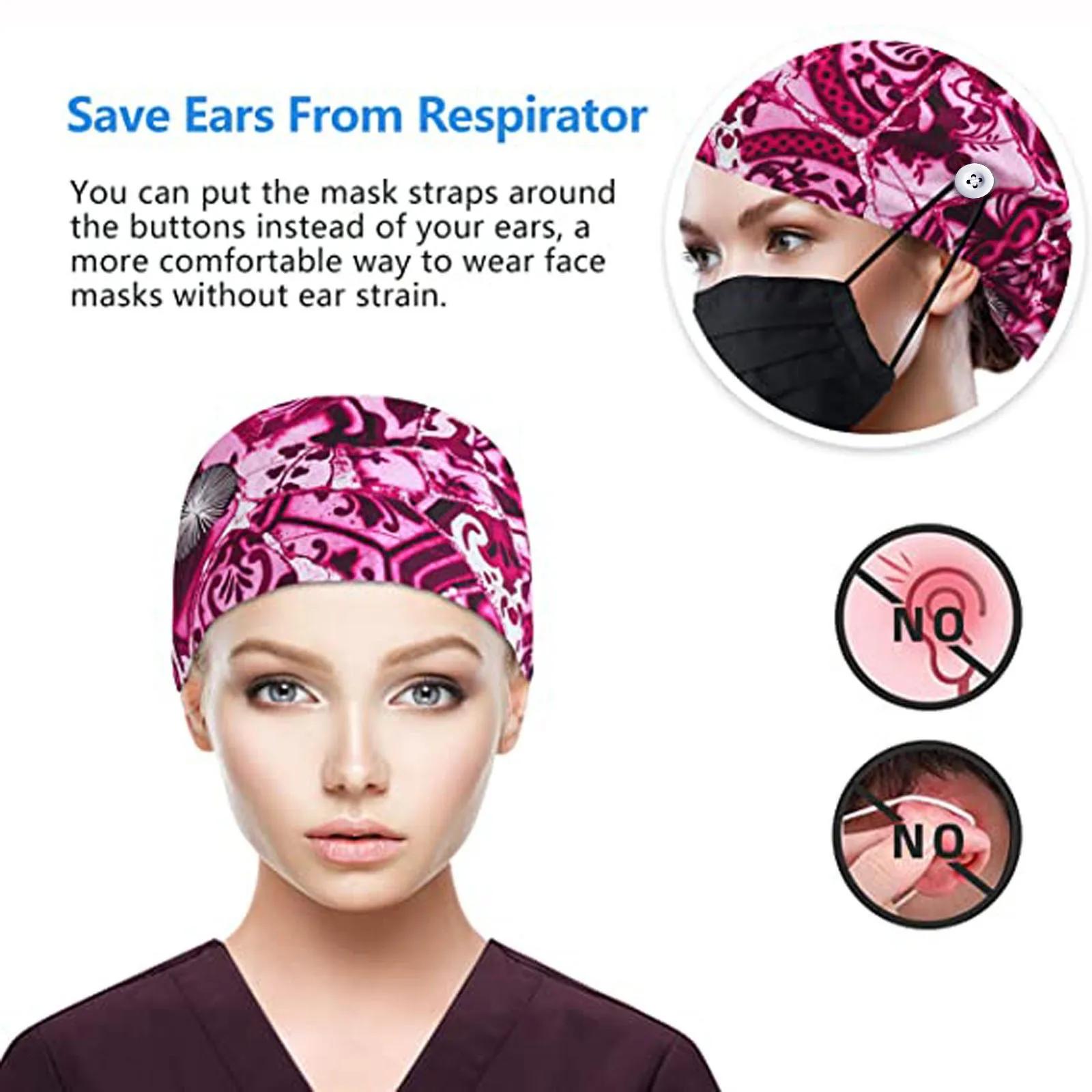 

Working Cap with Button Sweatband Paisley Floral Print Adjustable Tie Back Elastic Bouffant Hat Head bonnet de nuit en satin