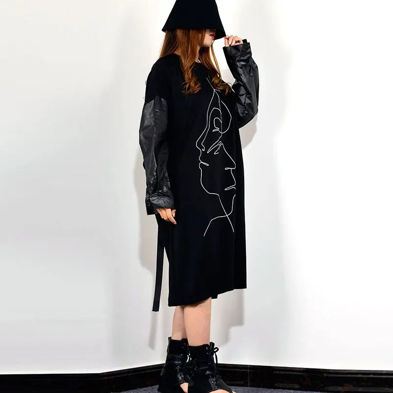 XITAO Tide Pocket Patchwork платье миди с круглым вырезом и длинными рукавами свободное