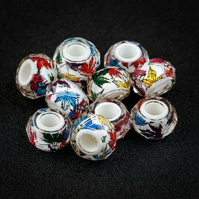 

10pcs a lot Color Maple Leaf Acrylic Beads Fit For Pandora Charms Bracelet Big Hole Bead DIY European Murano jewelry making