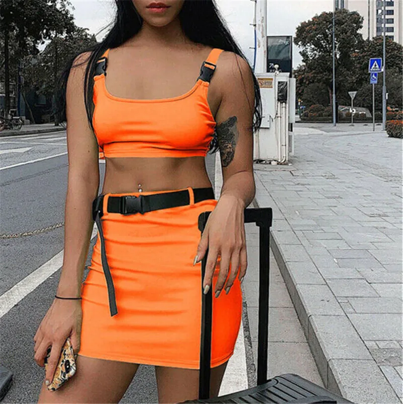 Женский комплект из 2 предметов: майка и юбка с поясом летний женский неоновый