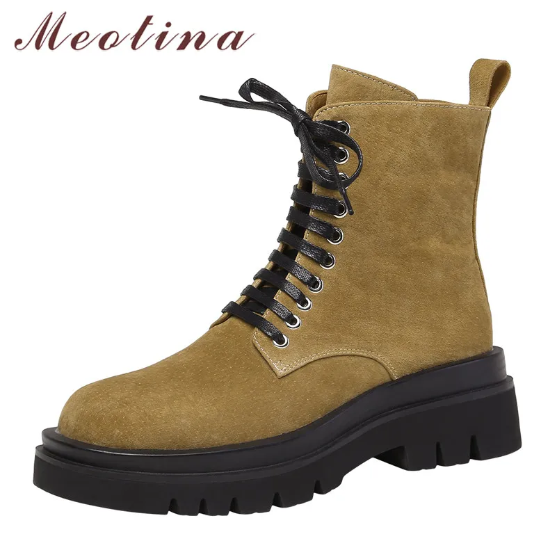 

Meotina Ankle Boots Women Shoes Genuine Leather Platform Flat Short Boots Zipper Cross Tied Ladies Boots Autumn Winter Green 40
