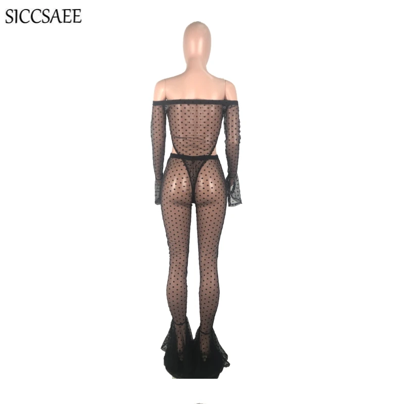 

Ruffles Costumes Two Piece Set Polka Dot Floral Print Mesh Outfits See Through Flare Sleeve Bodycon Bodysuit Bell Bottom Pants
