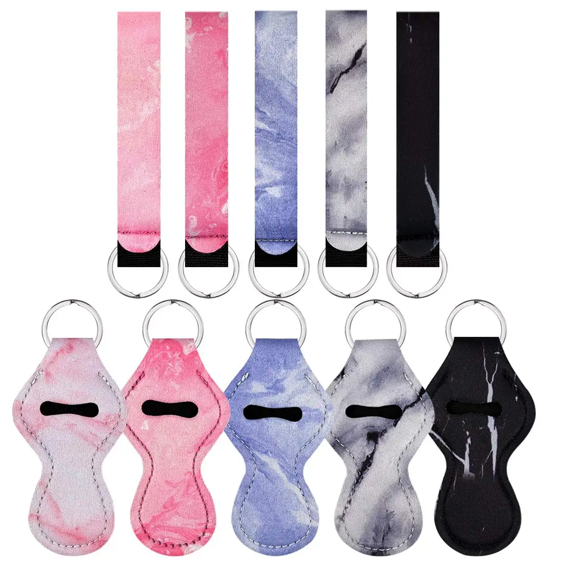 

5 Pairs Marble Style Chapstick Holder Keychains Neoprene Lipstick Holder Keychain Protective Cases with Wristlet Lanyard