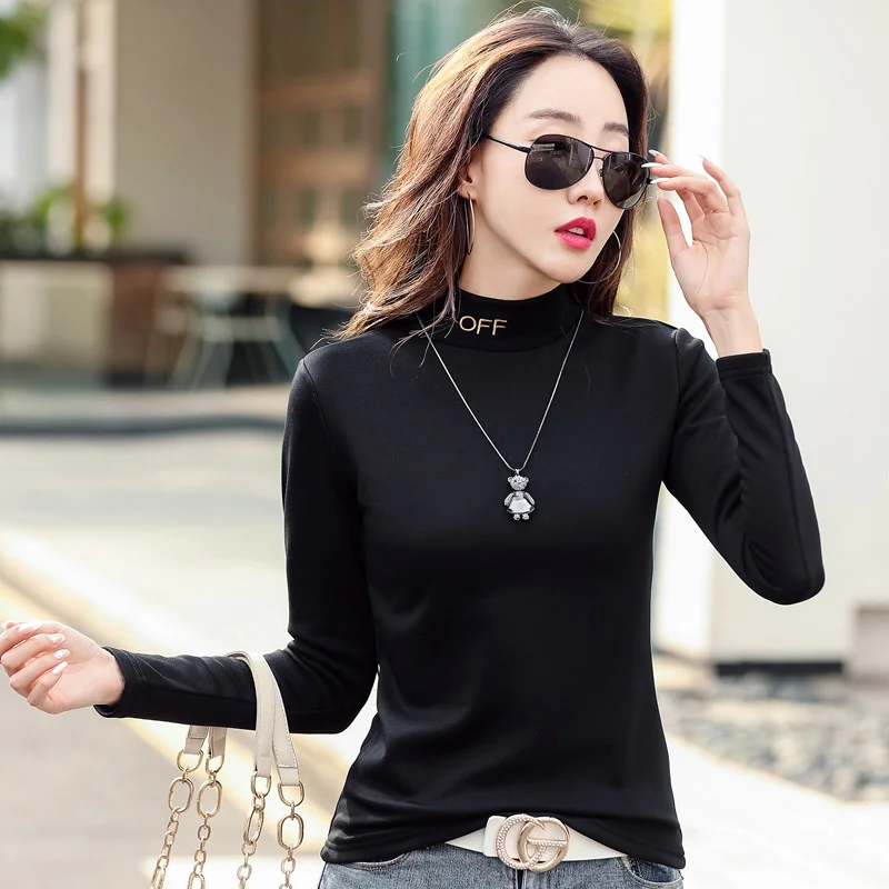 

#0308 Winter Long Sleeve T Shirt Women Half High Collar Basic T Shirt Femme Embroidery Thick Warm Basic T-shirt Femme Slim S-3XL