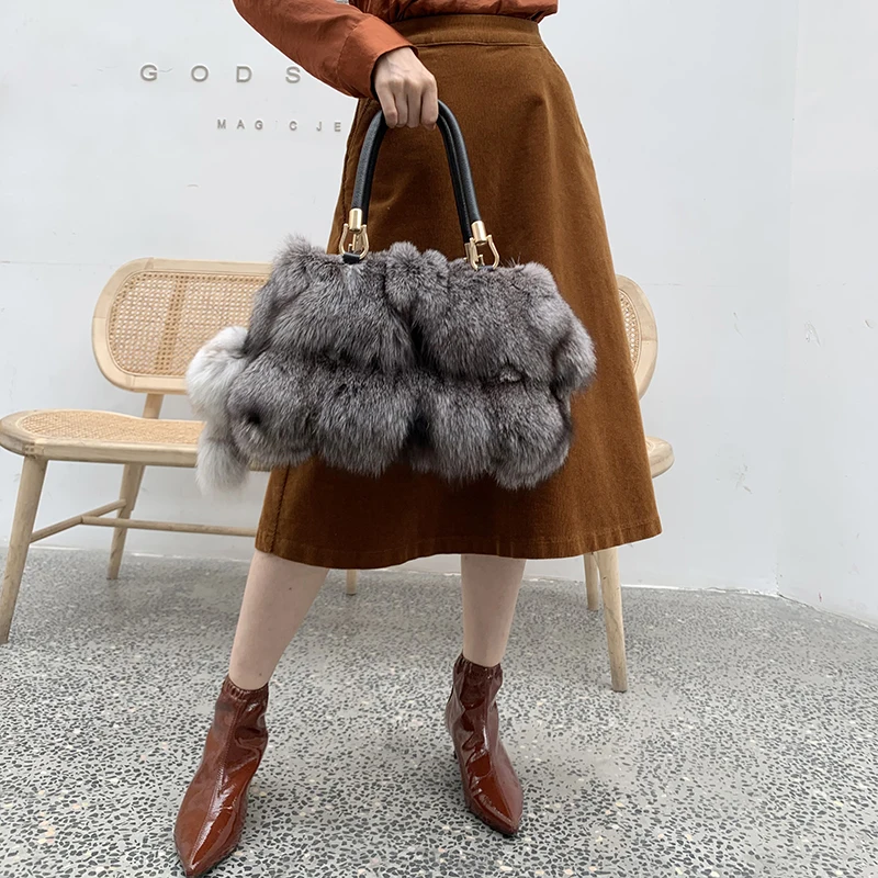 Модная сумка из натуральной воловьей кожи с лисьим мехом женская через плечо