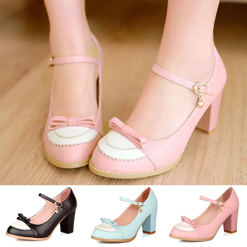 

LIN KING Spring & Autumn Women Lolita Shoes Shallow Mouth Thick Heel Platform Pumps Lady Sexy Bowtie High Heels Plus Size 34-43