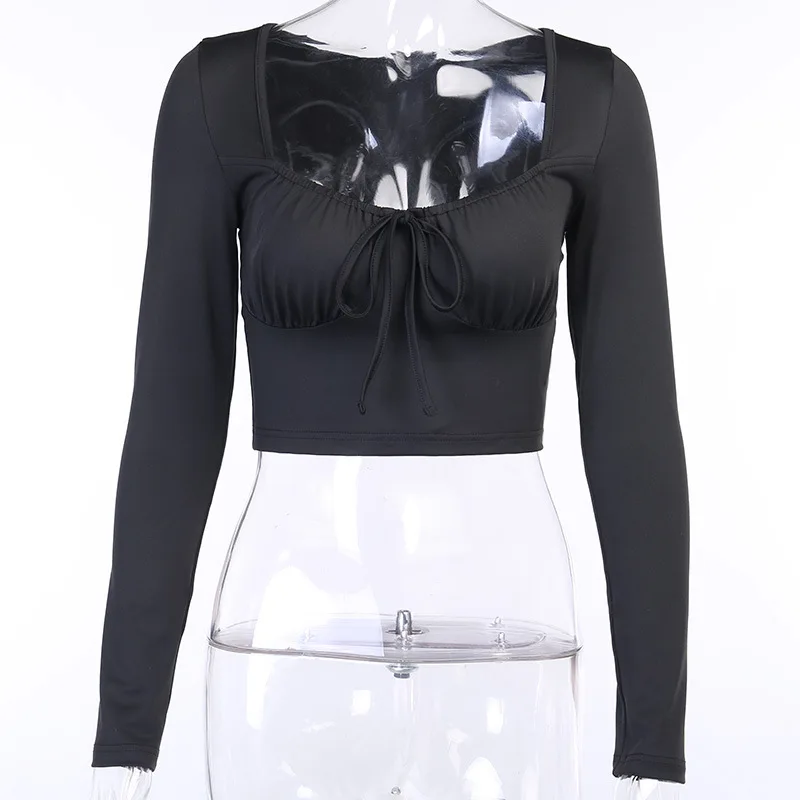 

Y2k Aesthetic Long Sleeve Crop Top Sexy Ladies Clothing 2021 Summer New Fashion Square Collar T Shirt Women Streetwear T-Shirts