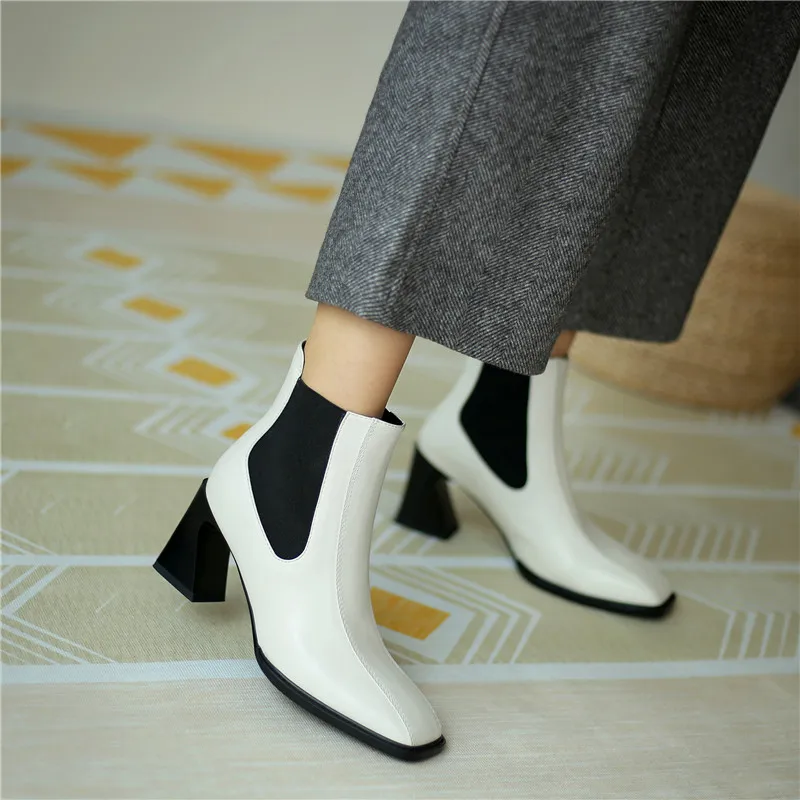 

COVIBESCO Fashion Genuine Leather Winter Boots Elastic Band Square Toe Thick Heel Shoes Women Newetst Working Basic Shoes Woman