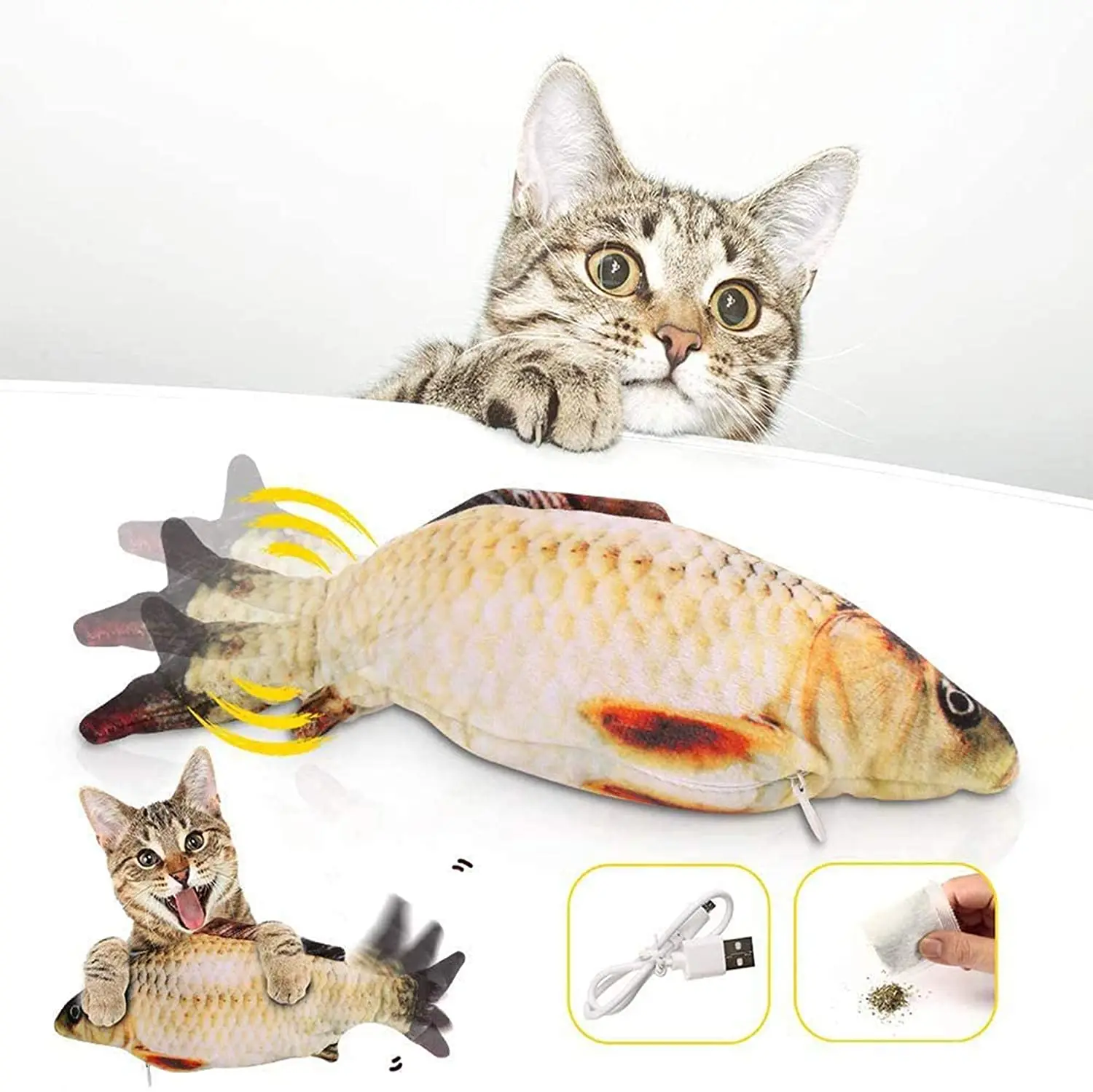 

30CM Cat Toy Fish USB Electric Realistic Plush Funny Fish Toys Chew Simulation Interactive Toys for Indoor Cats Pets Kitten