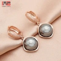 shenjiang trendy elegant imitation round pearl dangle earrings 585 rose gold square eardrop for women wedding luxury jewelry