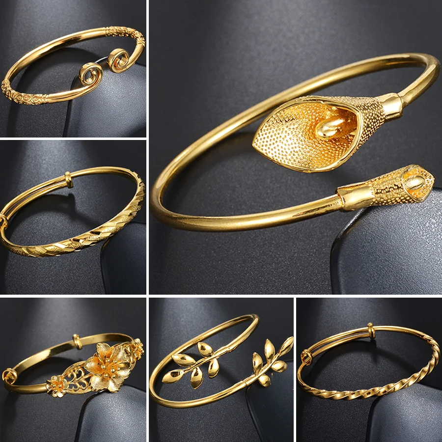 

New Classic Copper Material Gold Color Women Floral Carved Leaf Charm Bracelets Bangles Adjustable Korean Style Jewelry Gift