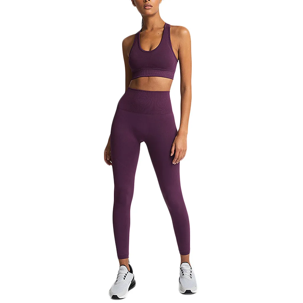 

2021 New Seamless Solid Gym Set Women Fitness Yoga Set Sports Suits High Waist Leggings+Push Up Bra 2 peice Set Sportswear