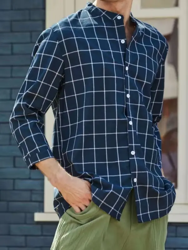 

Рубашка мужская в клетку, с круглым вырезом, на пуговицах