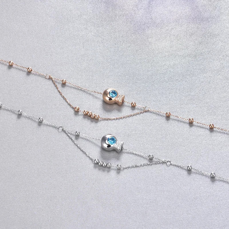 

FUN-BEAUTY Ladies S925 Sterling Silver Fashion Anklet With Zircon Creative Double Layer Round Bead Multi Layer Anklet