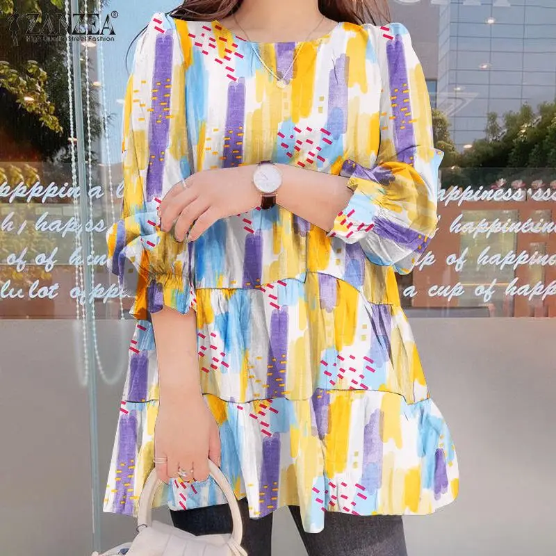 

Oversize Women Vintage Printed Blouse 2021 Harajuku Spring Ruffle Puff Sleeve Tops ZANZEA Casual OL Patchwork A-line Blusa Femme