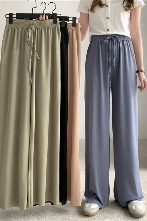 

High Waist Soft Comfort Women Pants 2021 New Casual Summer Slacks Pants Women Ice Silk Full Length Long Trousers Female Slacks