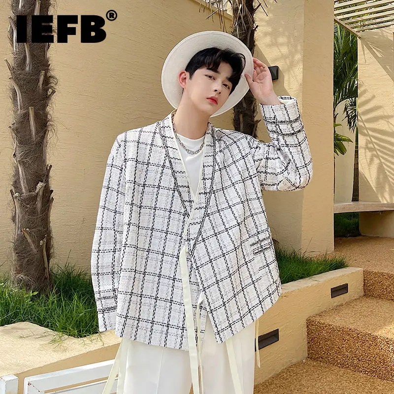 

IEFB Light Luxury Men's Plaid Coat 2021 Autumn New Chinese Style Lace Up Loose Oversize V Collar Jackets Male Clothing 9Y9498