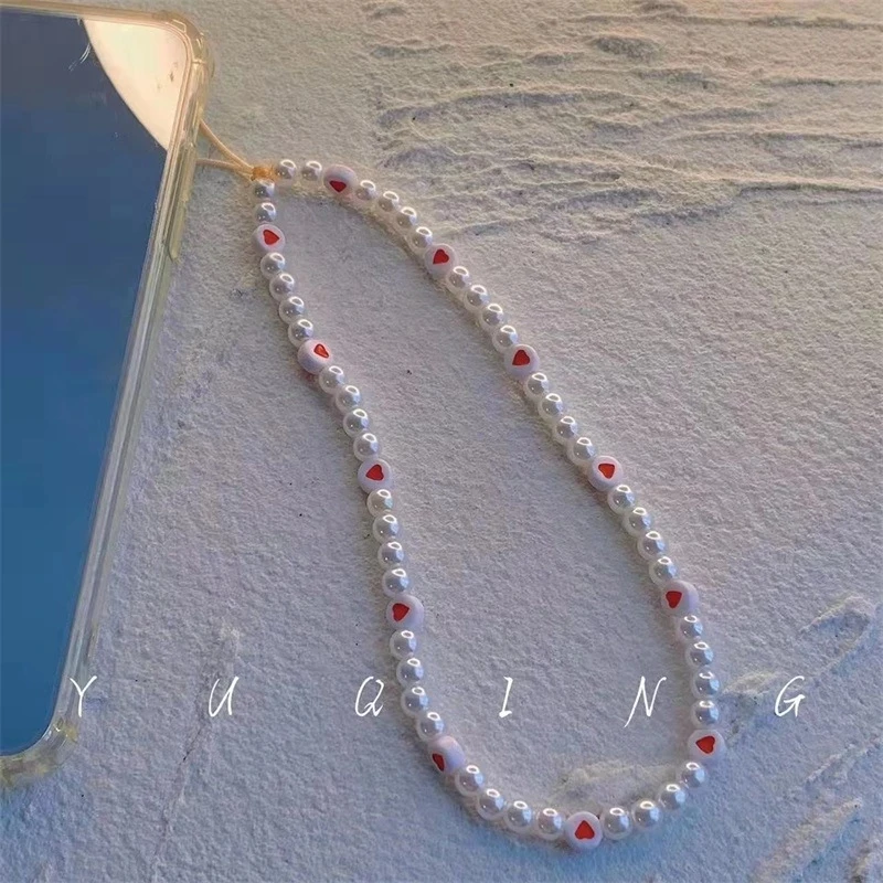 new red love heart pearl mobile phone chains for women fashion handmade anti lost acrylic beaded chain charm lanyard girls gift free global shipping