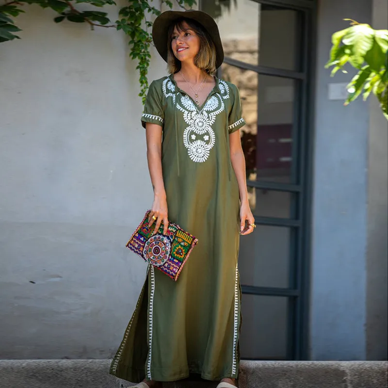 

NODELAY Cotton Embroidery Beach Cover Up Bikini Women Loose Long Kaftan Robe Beach Dress Sarong Swimsuit Cover-Ups Beach Wear