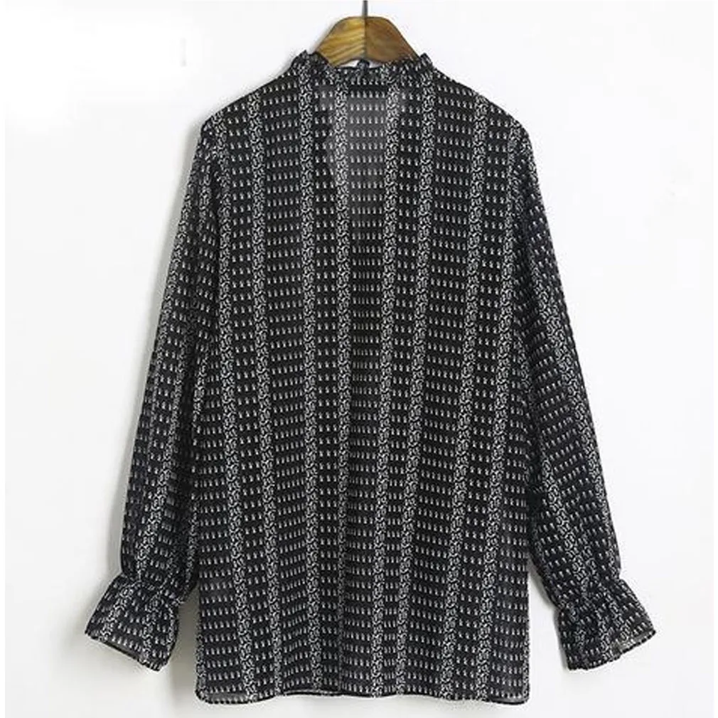 

Long Balloon Sleeve V-Neck Ruffles Tops Shirts Office Lady Wear Women Casual Loose Blouses Hippie Striped