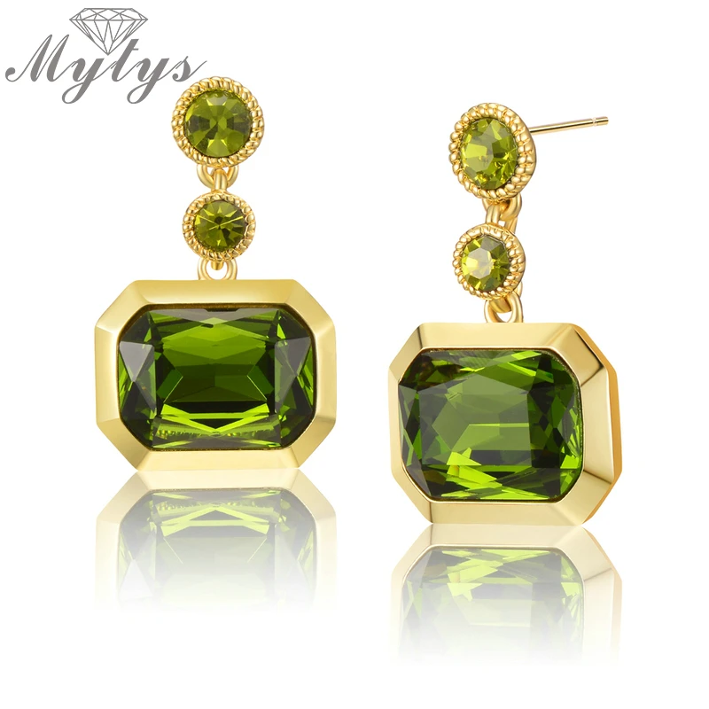 Серьги Mytys с оливковыми и зелеными кристаллами для женщин золотые медные