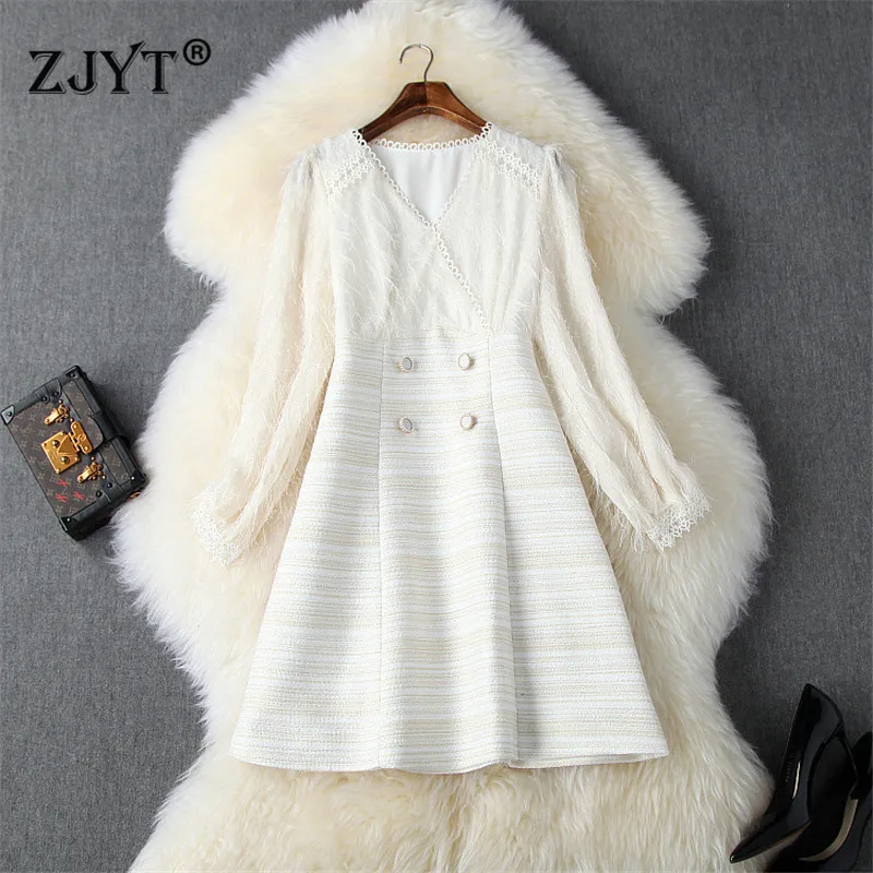 Женское твидовое шерстяное платье с кисточками длинным рукавом и v образным