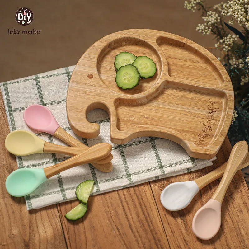 

Let's Make Baby Tableware Bamboo Wood Set Elephant Series Wooden Suction Cup Dinner Plate Food Grade Silicone Spoon Free of BPA