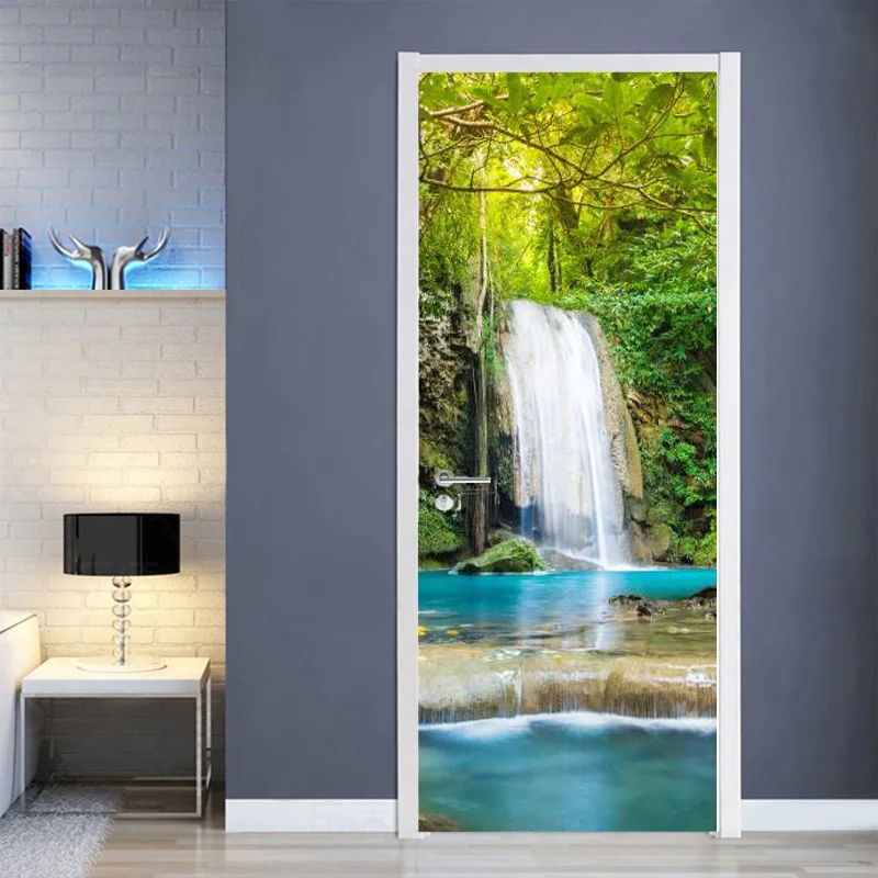 

Papel de parede Forest waterfall water natural door sticker porch wallpaper,living room bedroom wall papers home decor