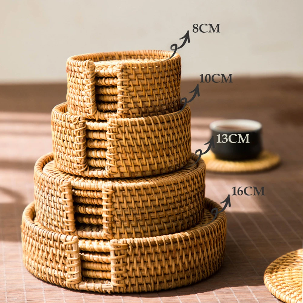 

6 Pcs Woven Rattan Coasters Placemats Handcrafted Heat-insulating Coffee Drink Cup Table Mats with Storage Holder for Home Decor