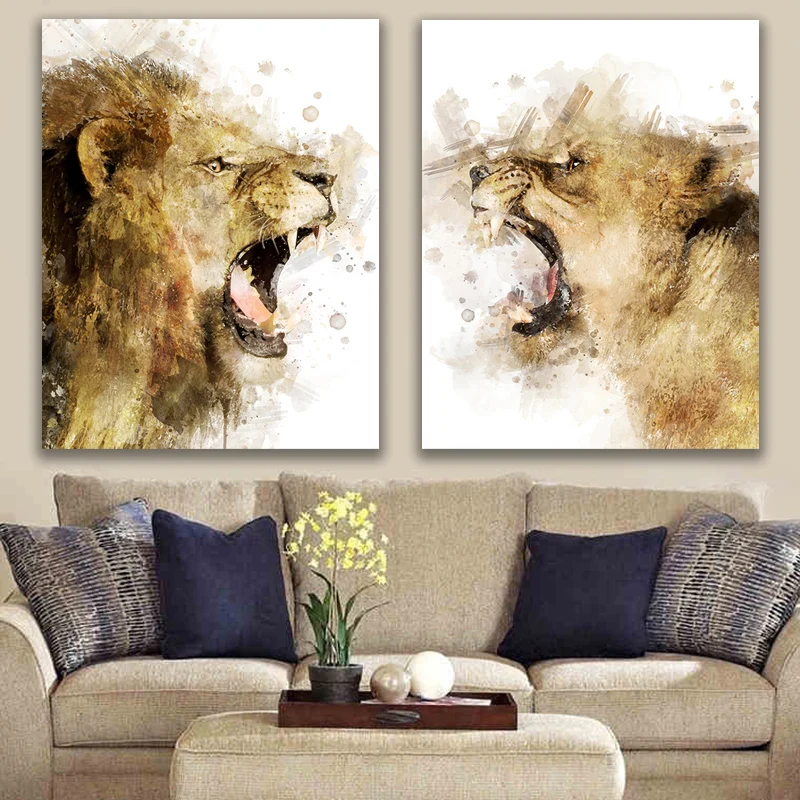 

Lion Watercolor Print Lion and Lioness Painting Safari Canvas Poster Nursery Animal Wall Art Living Room Decoration Picture