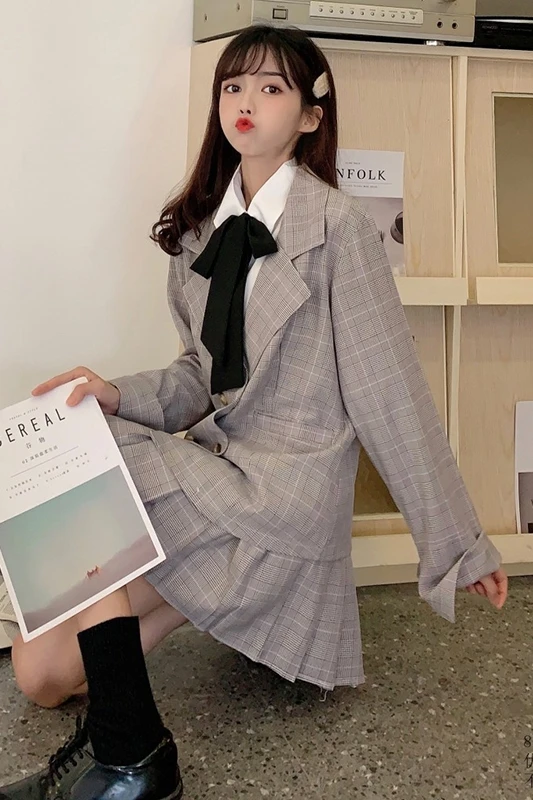 2020 Spring plaid suit double-breasted coat ride white shirt high waist pleated skirt fashion network red set female jk  women