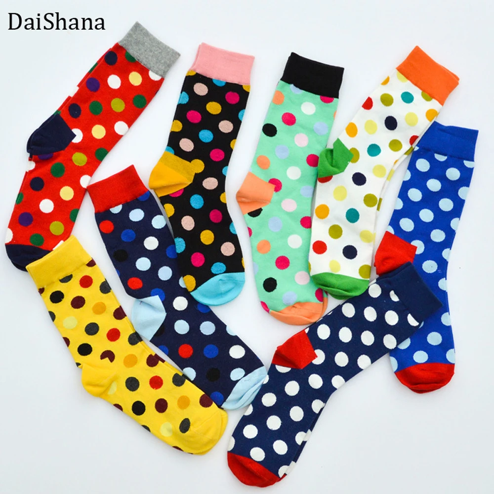 Модные цветные хлопковые мужские носки в горошек с надписью «Happy Socks», фирменные забавные носки Harajuku Caual, женская пара