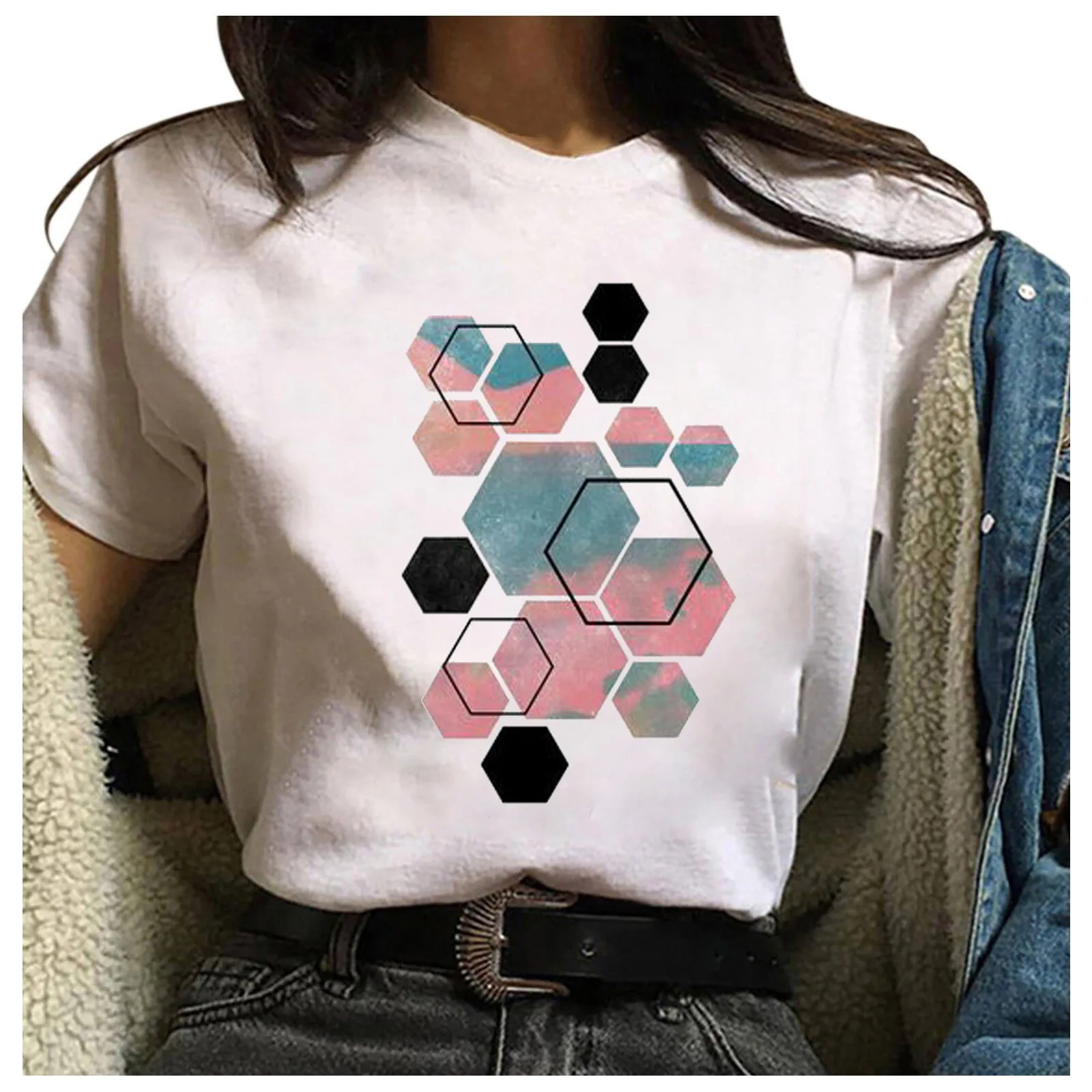 Fashionable Style Female Blouse Women's Geometric Printed Harajuku Round Neck Loose Minimalism Shirt Платье Летнее Ropa Mujer