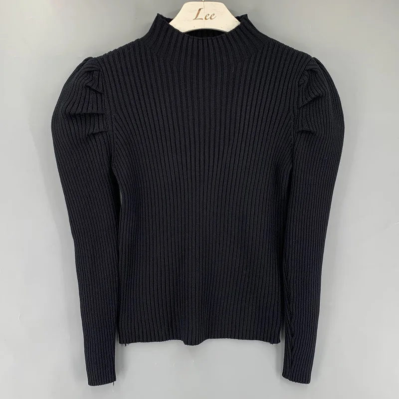 

KUSAHIKI Half Turtleneck Women Slim Knitwear Causal Korean Puff Long Sleeve Jumper 2021 Spring New Solid Knitted Tops 6F226