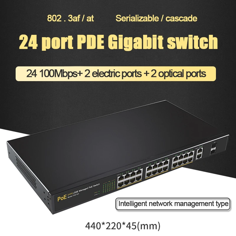28 портовый коммутатор POE 10/100/1000 Мбит/с волоконный 48В Мощный промышленный
