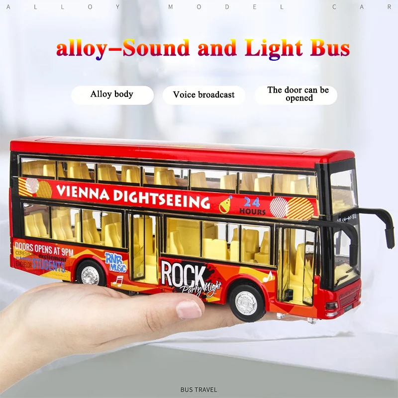 

1:50 simulation alloy double-decker classic big bus model light music bus door can open children's sleep toy