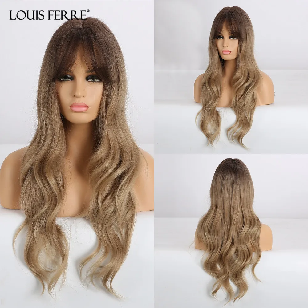 

LOUIS FERRE Long Wavy Wigs with Bangs Middle Part Synthetic Hair Wigs Ombre Black Brown Blonde Wig for Black Women Afro Cosplay